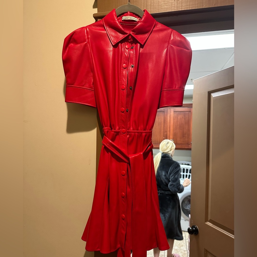 Alice + Olivia Vibrant Red Leather Mini Dress